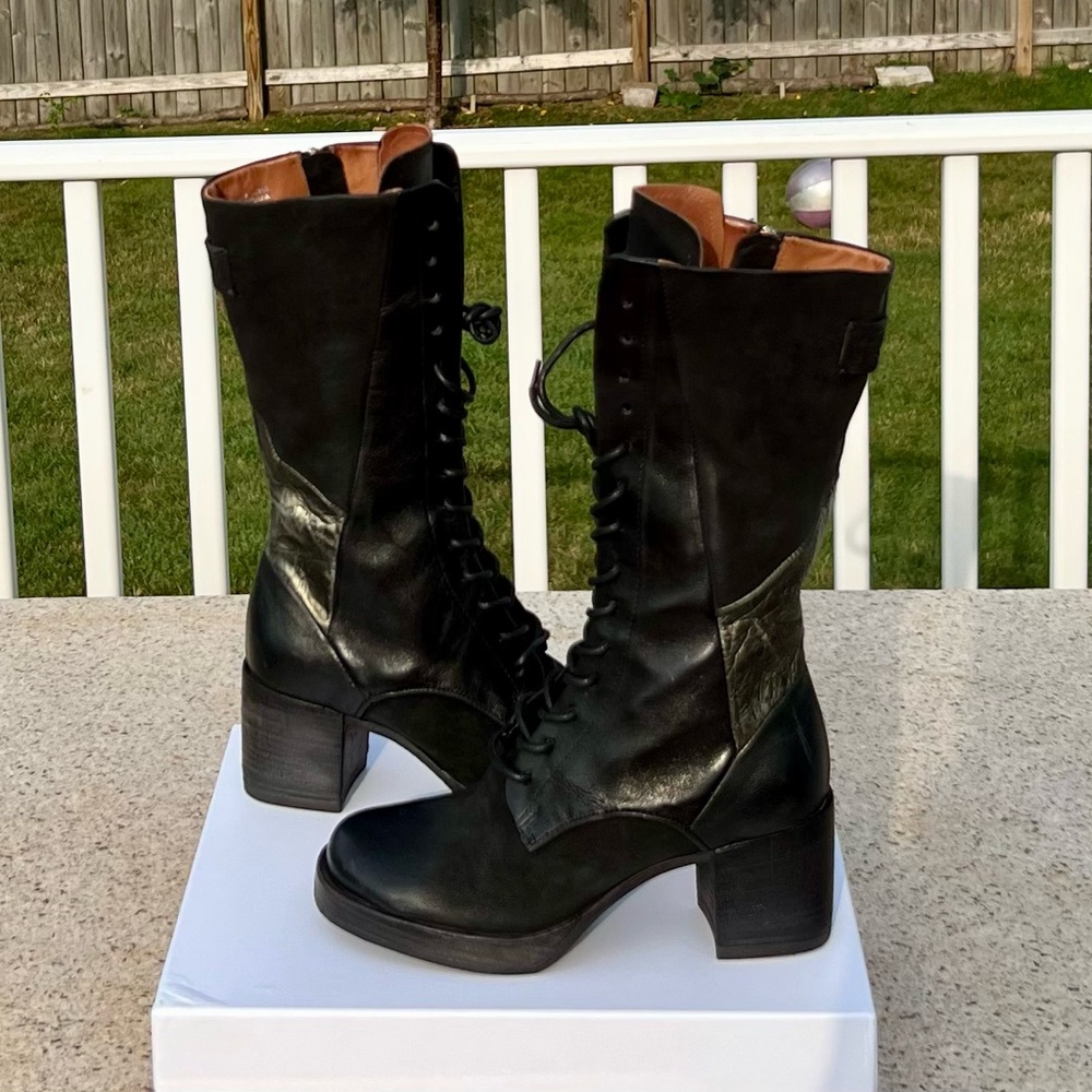A.S.98 Black Lace-Up Combat Moto Boots